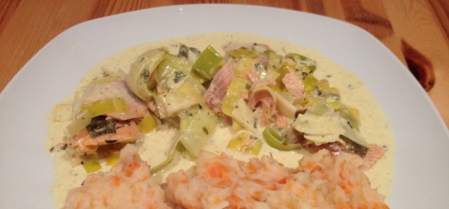 Trout with creamy leek and white wine sauce