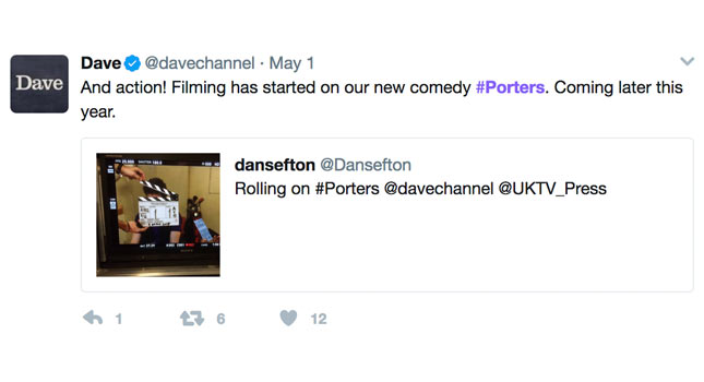 Porters filming announced by Dave on Twitter